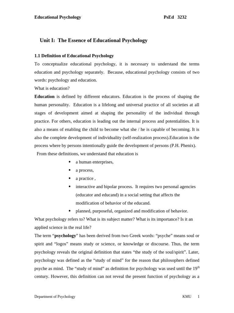 Unit I The Esssence of Educational Psychology | PDF | Educational ...