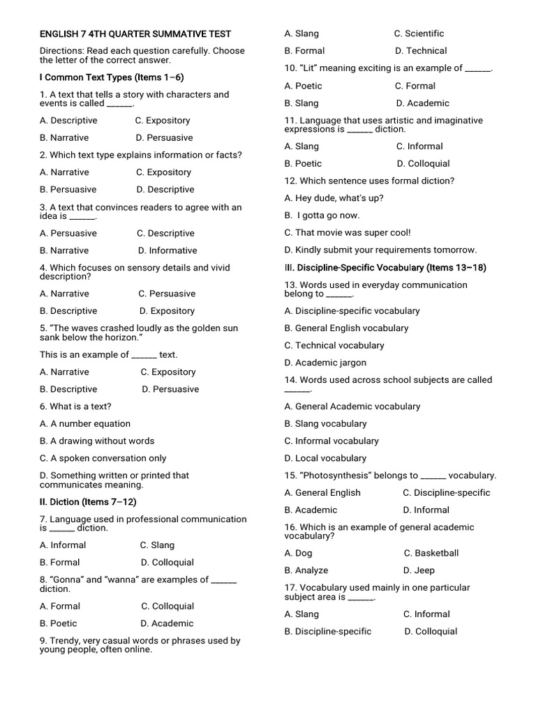 Grade 7 4th Quarter Summative Test | PDF | Slang | Human Communication