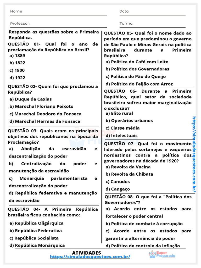 Atividade Sobre A Primeira República 9 Ano | PDF | República | Brasil