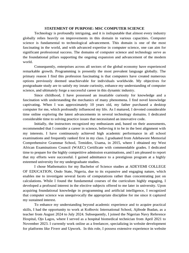Abayomi Statement of Purpose Computer Science | PDF | Science ...