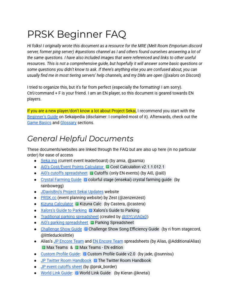 PRSK Beginner FAQ | PDF