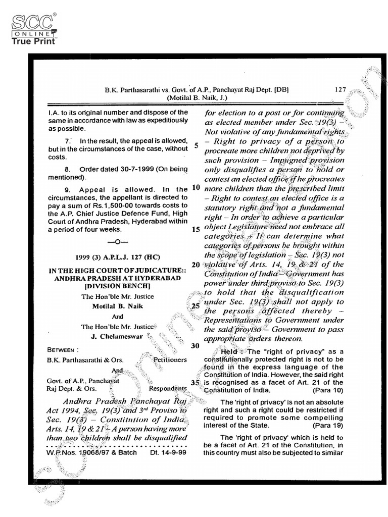 B.K. Parthasarathi v. Govt. of a.P., 1999 SCC OnLine AP 514 (First Page ...