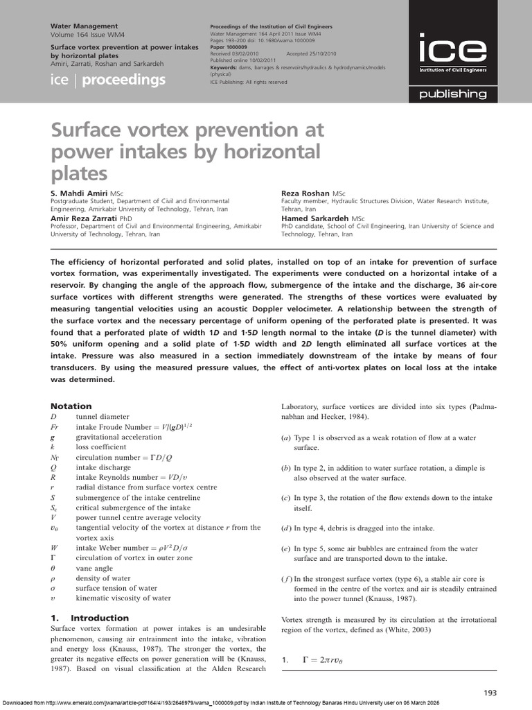 Surface Vortex Prevention at Power Intakes by Horizontal Plates | PDF ...