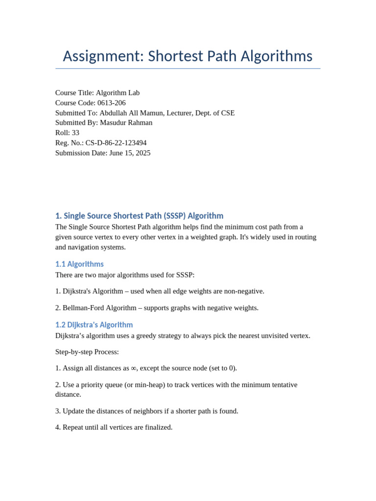 Shortest Path Algorithms Assignment | PDF | Algorithms And Data ...