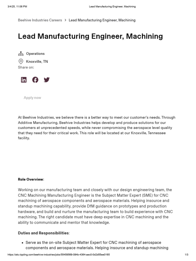 Lead Manufacturing Engineer, Machining | PDF