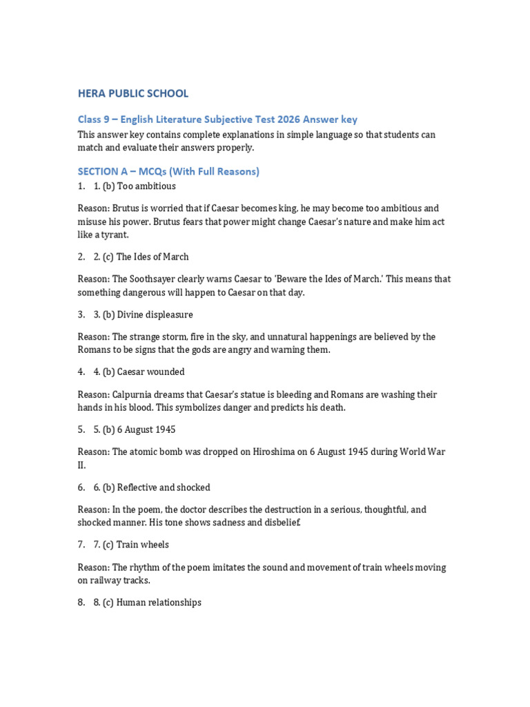 Class 9 English Literature Detailed Answer Key FULL VERSION-1 | PDF