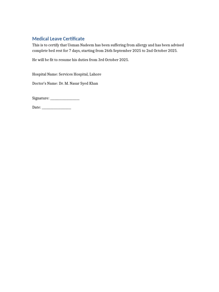 Medical Leave Certificate | PDF