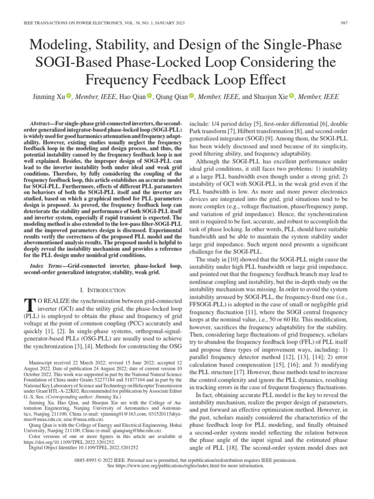 Modeling Stability and Design of The Single-Phase SOGI-Based Phase ...