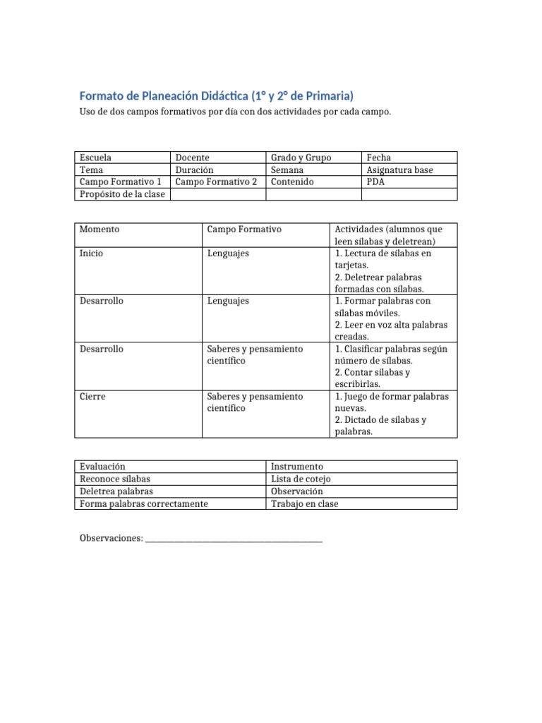 Formato Planeacion 1y2 Primaria | PDF