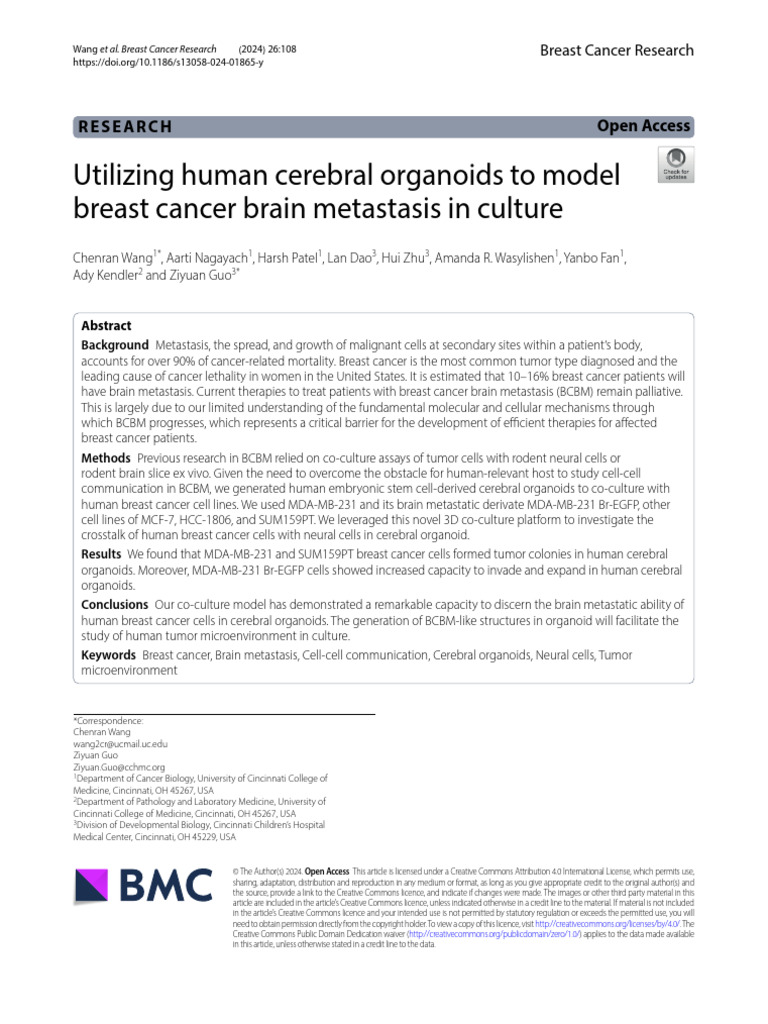 Utilizing human cerebral organoids to model breast cancer brain ...