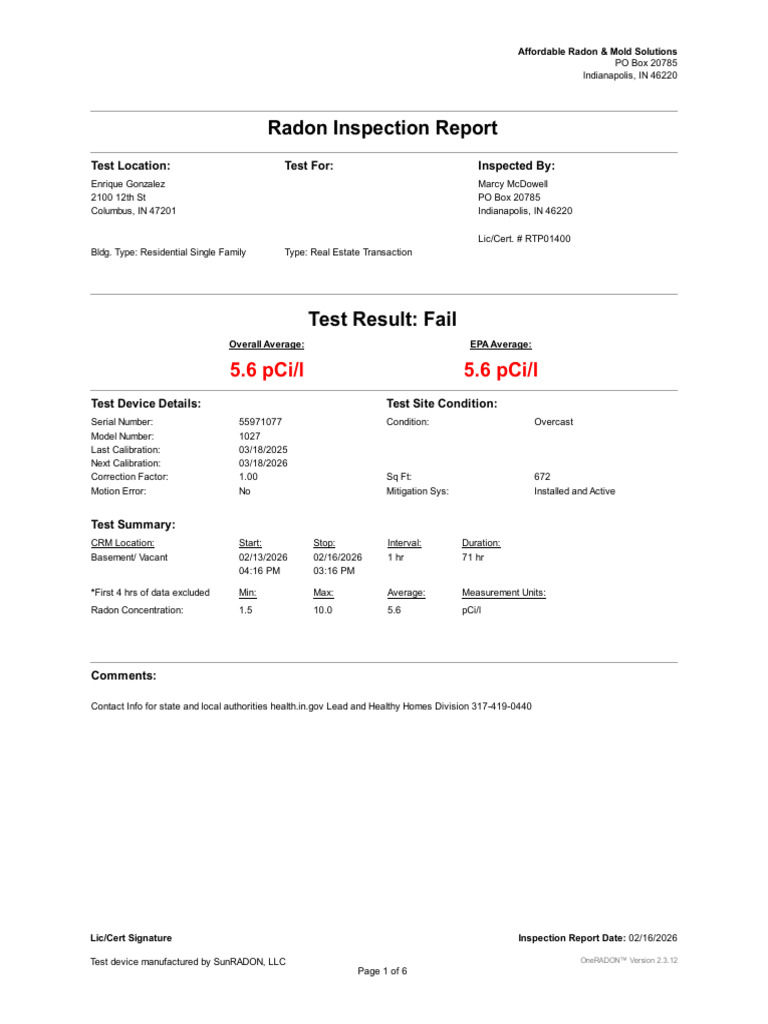 Radon Results 2100 12th ST | PDF