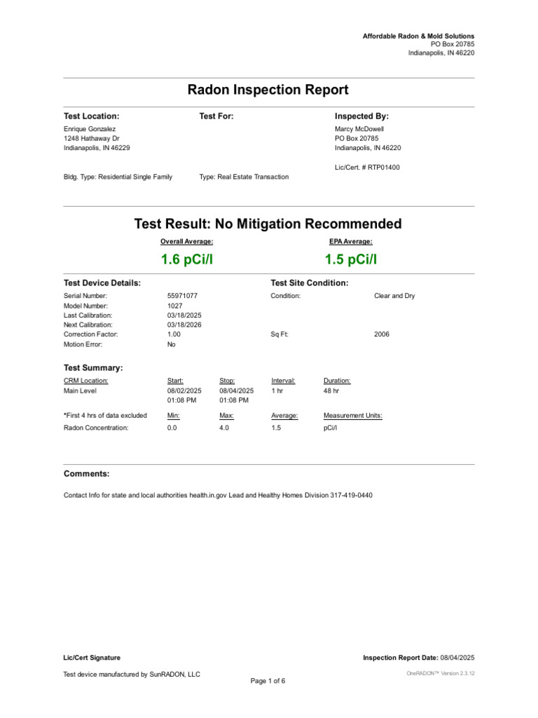 1248-Hathaway-Dr Radon Test Results | PDF