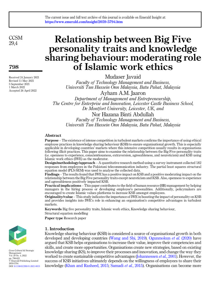 Relationship between Big Five personality traits and knowledge sharing ...