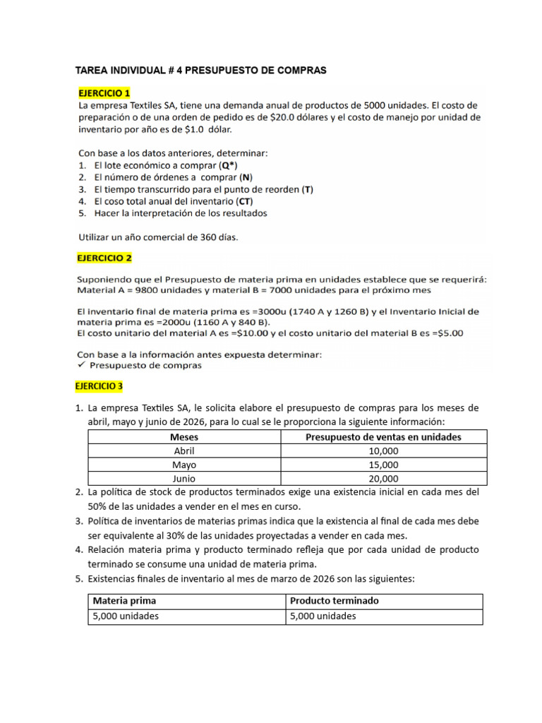 Tarea Individual # 4 Presupuesto de Compras | PDF