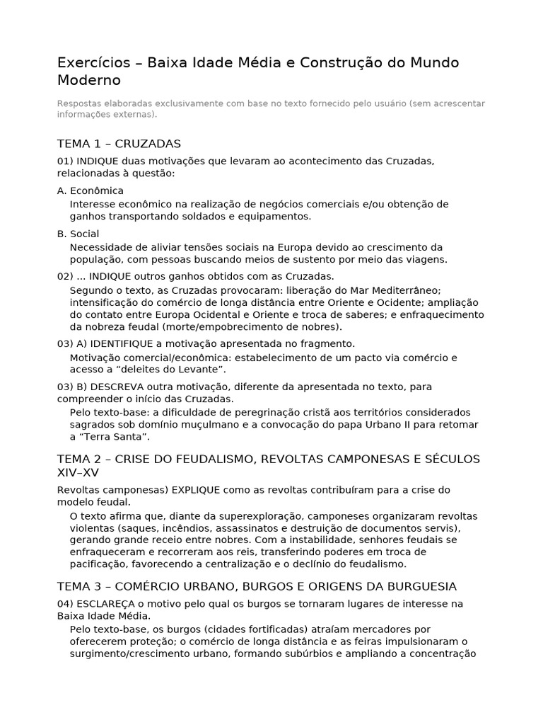Exercicios Baixa Idade Media - Respostas e Gabarito | PDF | Feudalismo ...