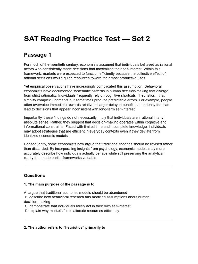 SAT Reading Practice Test 2 | PDF | Theory | Rationality