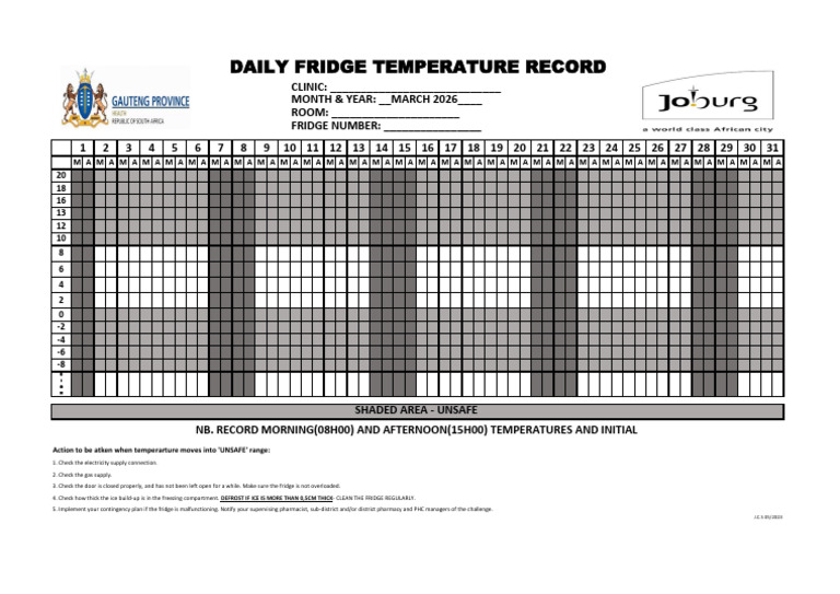 Temperature Charts Blank March 2026 Fridge | PDF