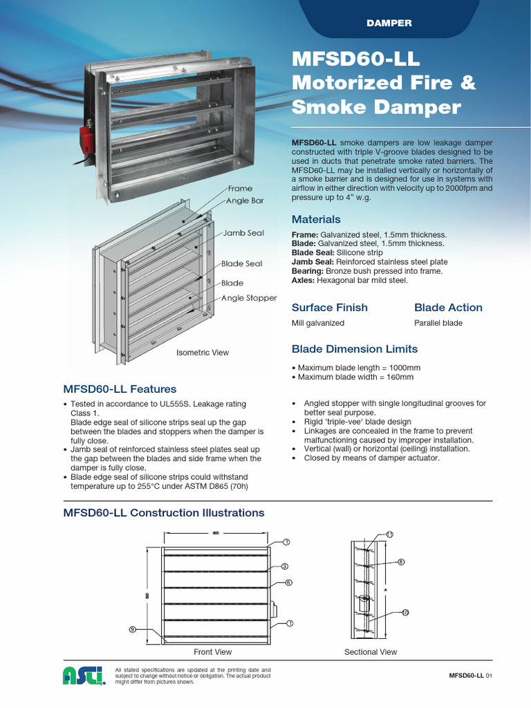 MFSD60-LL Motorised Fire Damper (CLASS 1) | PDF | Duct (Flow) | Blade