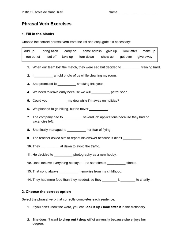 Phrasal Verb Exercises | PDF | Linguistic Typology | Grammar