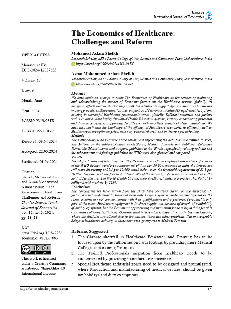 The Economics of Healthcare Challenges and Reform | PDF