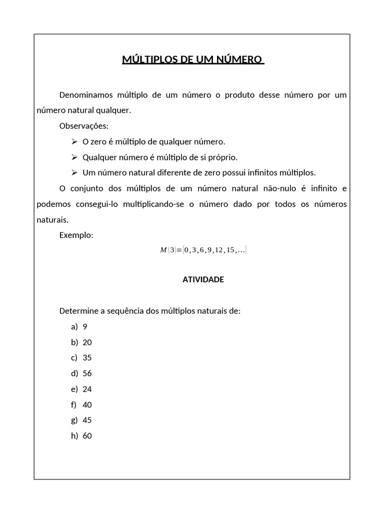 01 - Múltiplos de Um Número - Teoria e Atividades | PDF