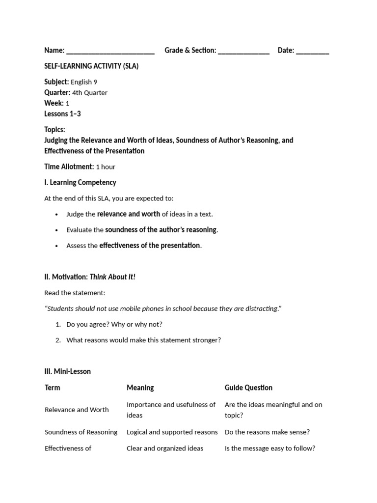 Sla For Quarter 4 Week 1 | PDF | Reason | Reading Comprehension