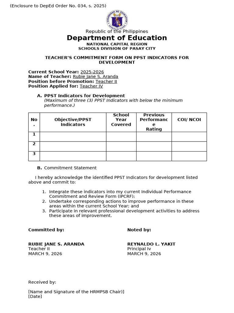 Teacher S Commitment Form Reclass | PDF