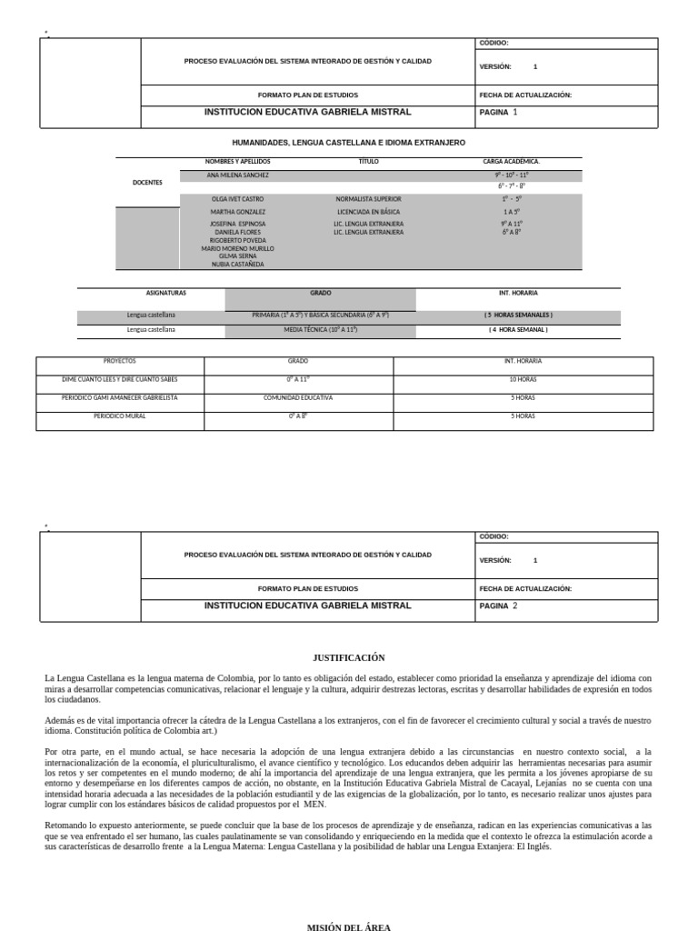 Plan de Estudios Castellano 2025 | PDF | Plan de estudios | Aprendizaje