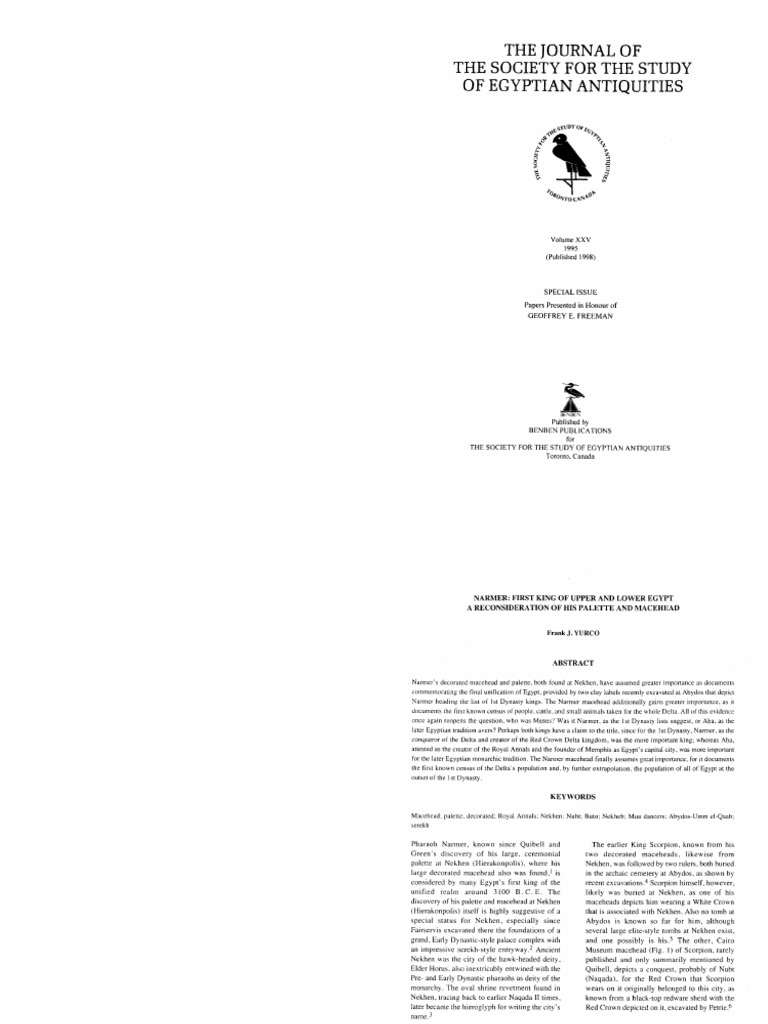 Yurco Narmer First King of Upper and Lower Egypt JSSEA 25 (1995) | PDF