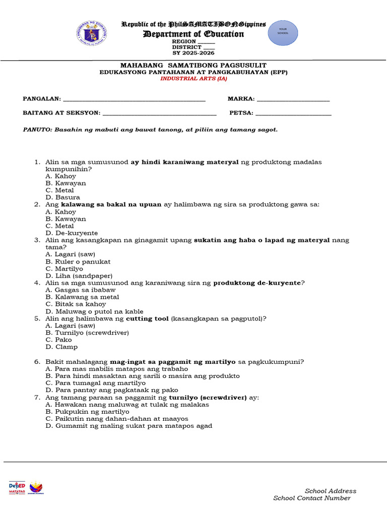 EPP-IA 5 (MATATAG) - 4th Periodical Test 2025-2026 | PDF