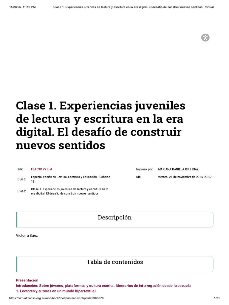 Clase 1. Experiencias Juveniles de Lectura y Escritura en La Era ...