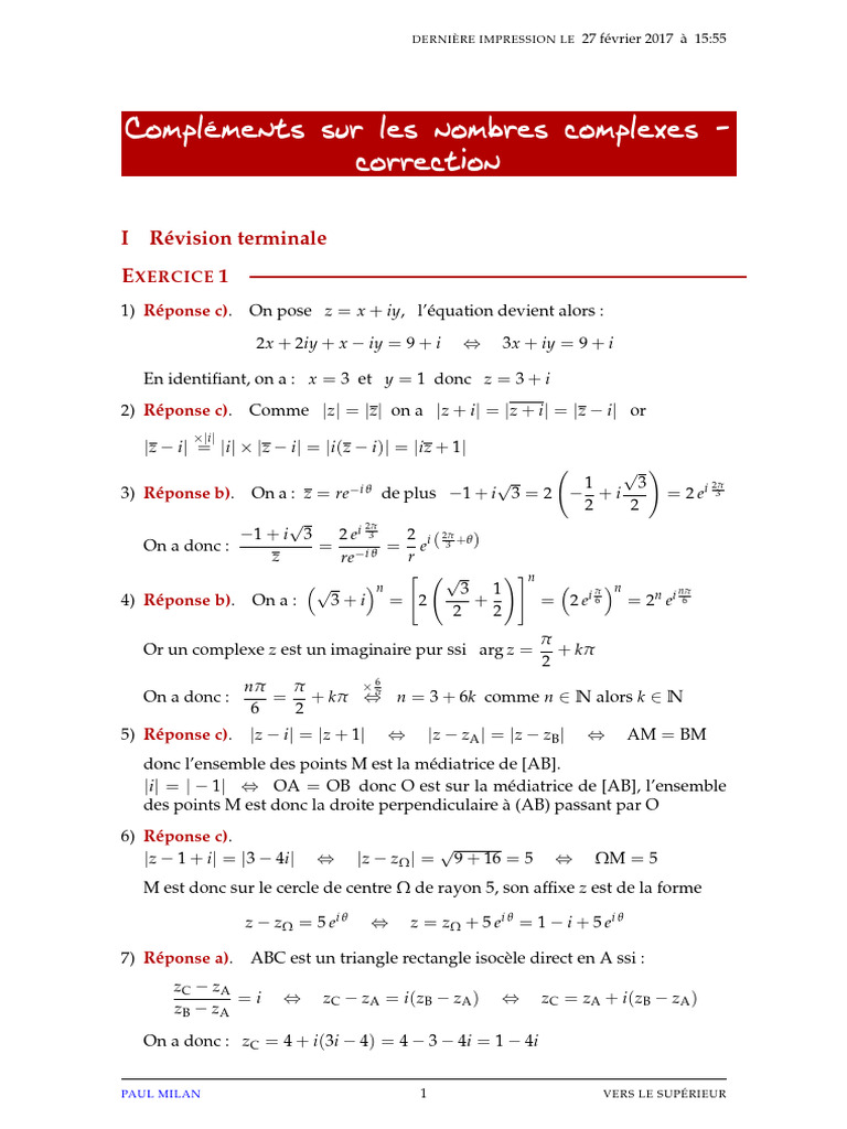 03 Complexes Complements Exos Correction | PDF | Objets mathématiques ...