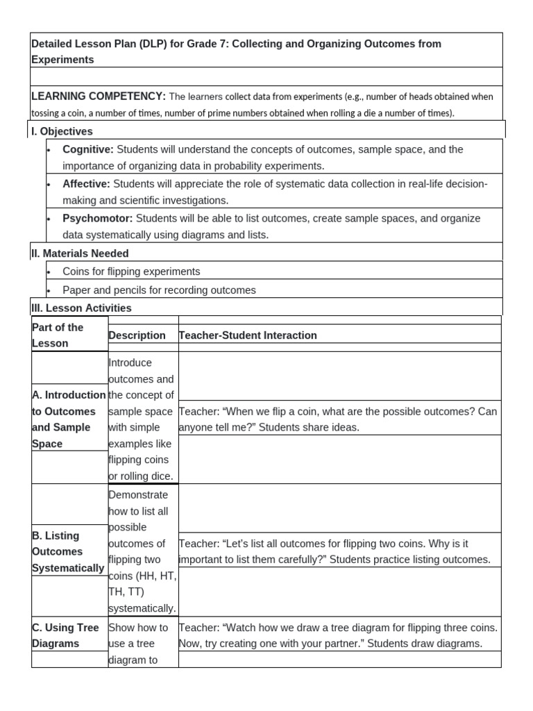 Detailed Lesson Plan Grade 7 | PDF | Probability | Experiment