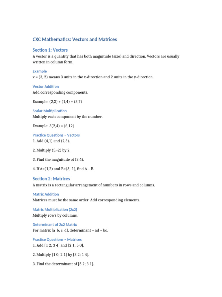 CXC Vectors and Matrices Worksheet With Solutions-1 | PDF