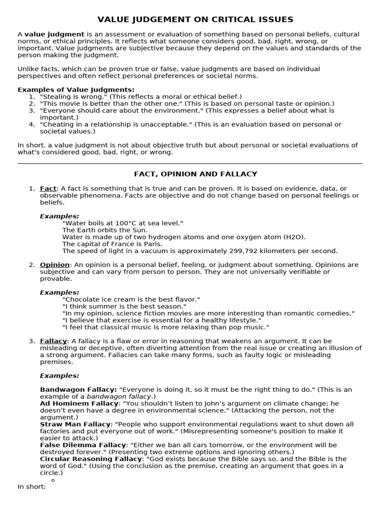 VALUE JUDGEMENT ON CRITICAL ISSUES | PDF | Fallacy | Argument