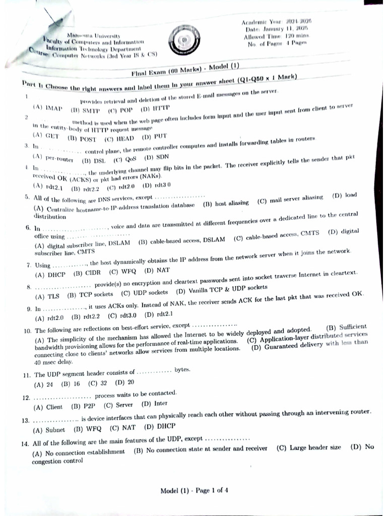 Computer Networks and Security Exam 2025 | PDF