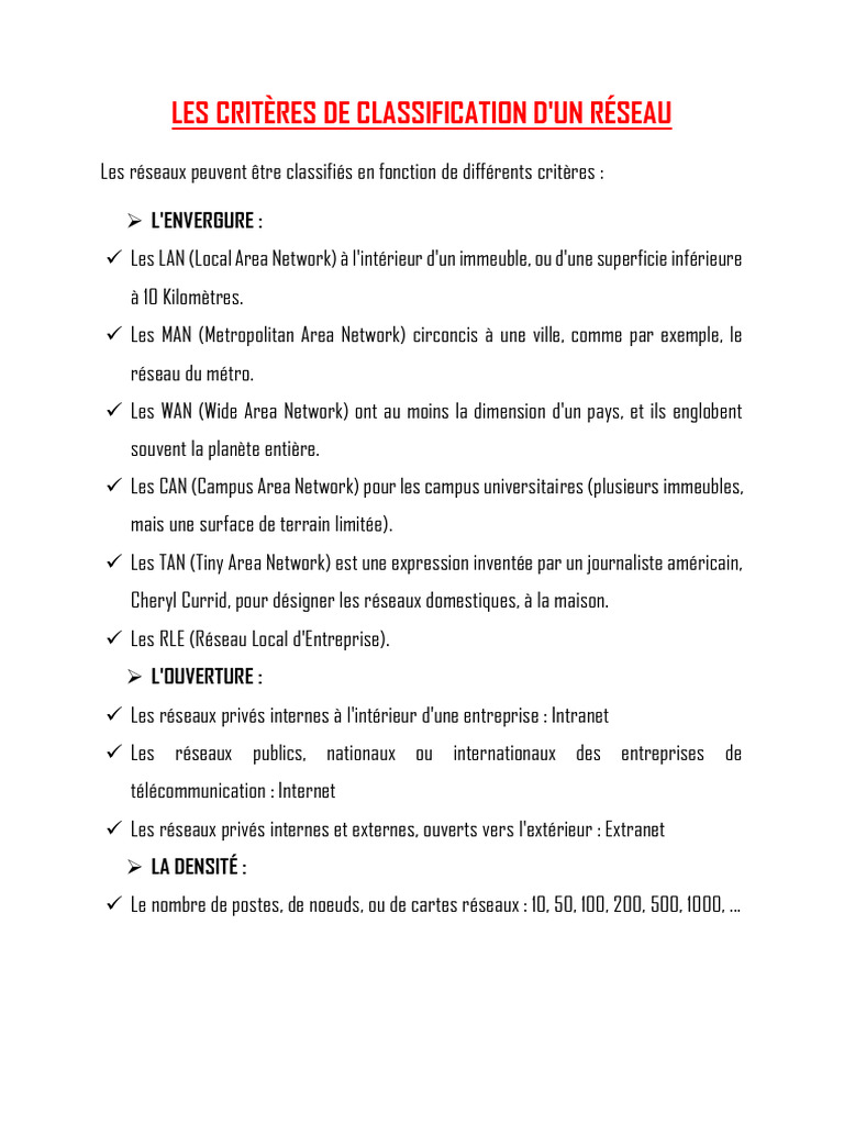 Les Critères de Classification Des Réseaux | PDF