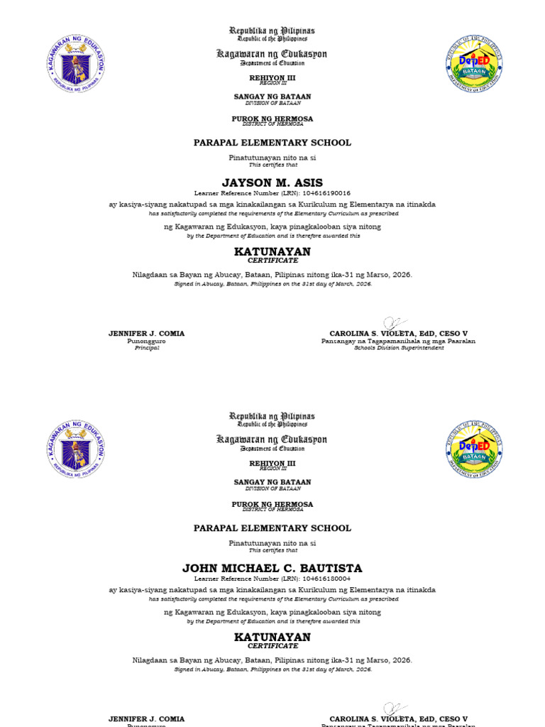 DepEd Certificate Generator - Parapal Elementary School Grade 6 | PDF