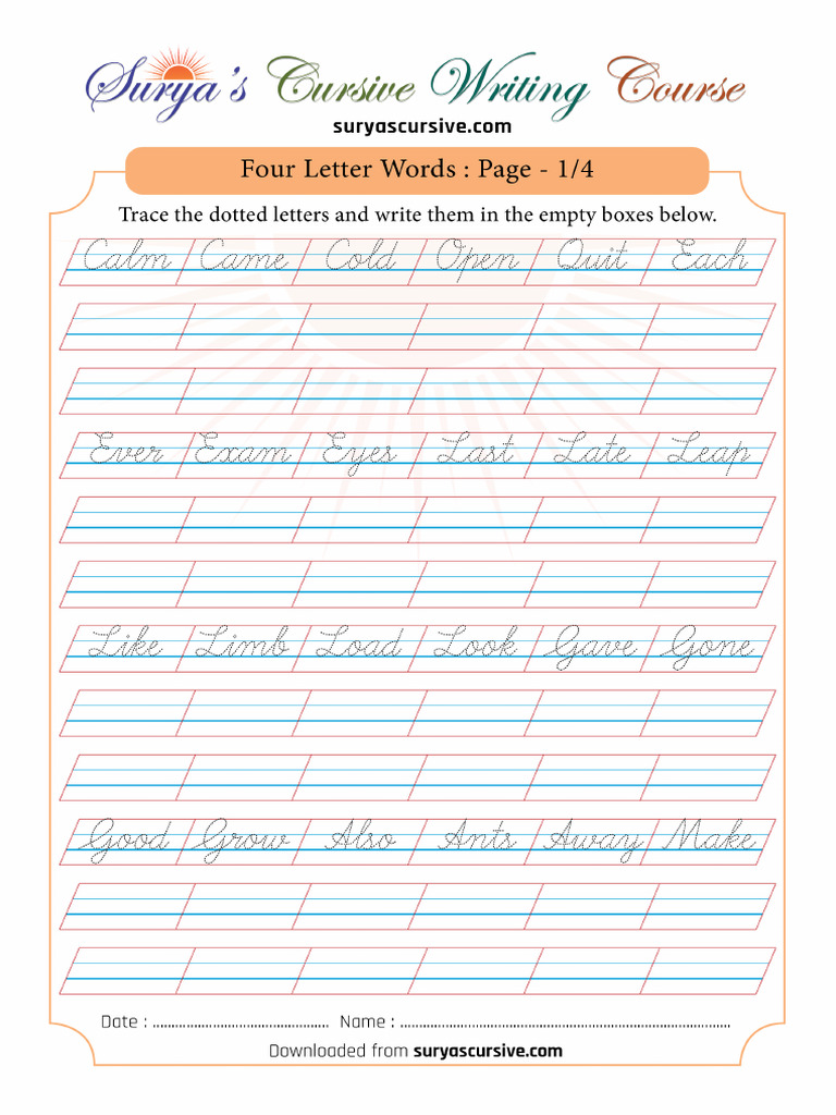 Cursive Words 4Letters 4Lines Page 1 | PDF