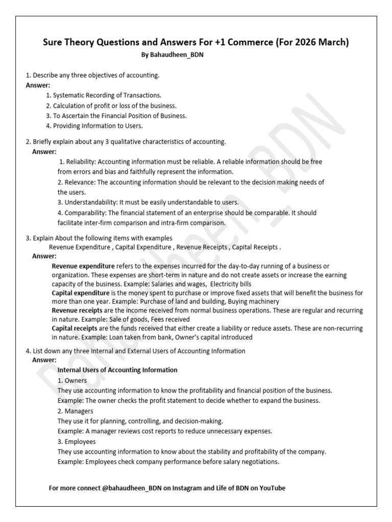 +1 Theory Questions and Answers (for 2026 March) BDN | PDF | Debits And ...