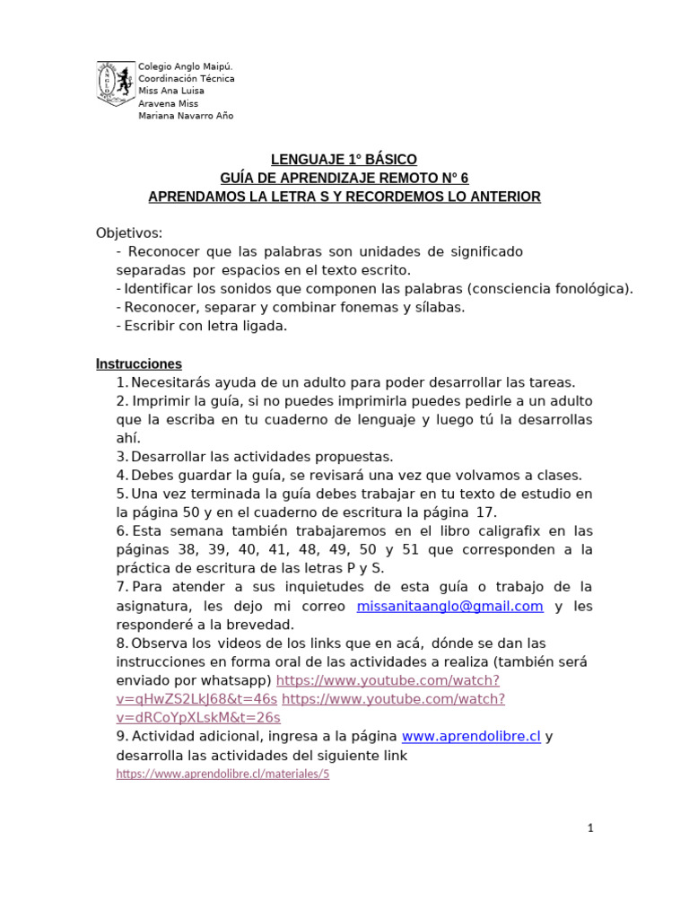1°Básico_Guía de aprendizaje remoto_Lenguaje_N°6 | PDF | Comunicación ...