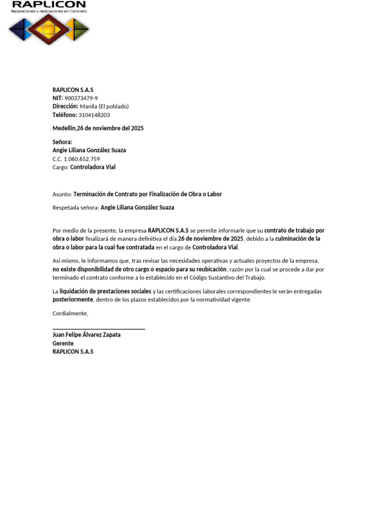 Carta_Terminacion de Contrato_Angie Liliana Gonzalez_Raplicon S | PDF