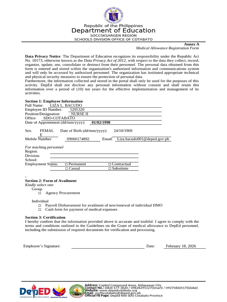 Annex A 2025 Medical Allowance Template Individual Registration Form | PDF
