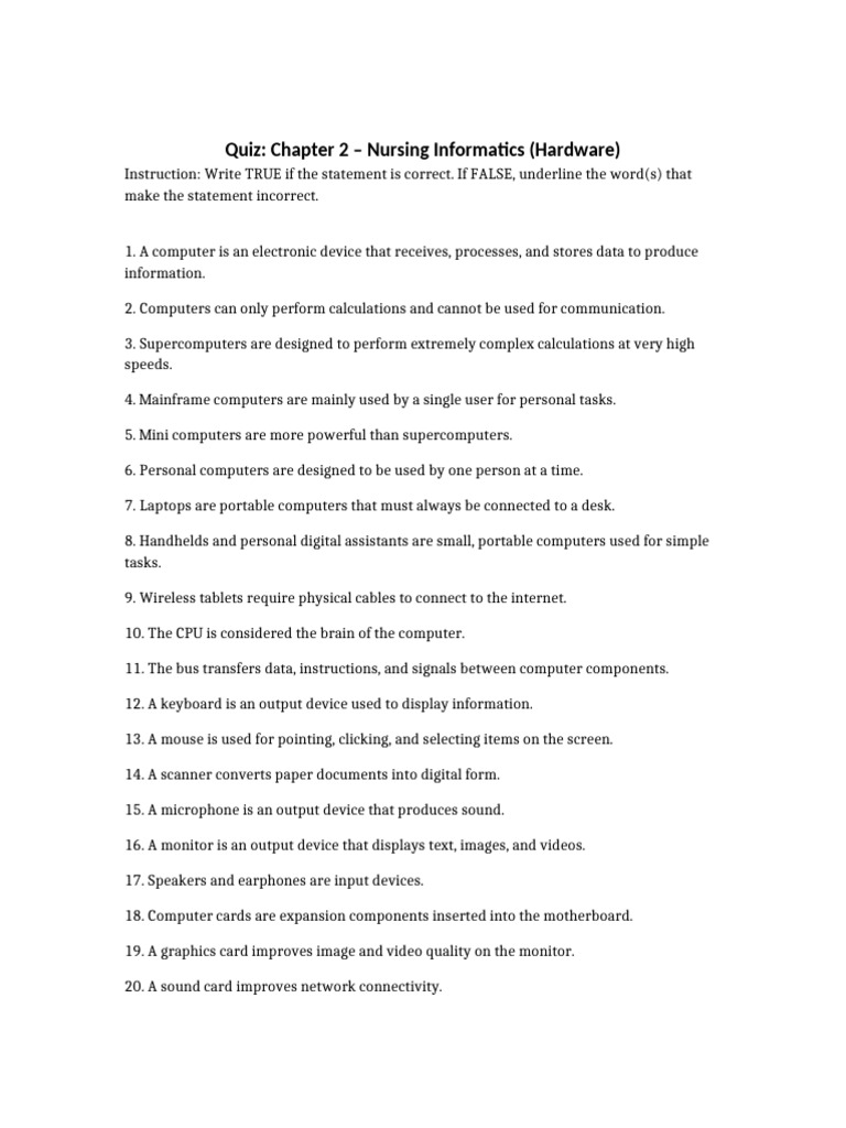 Chapter 2 Nursing Informatics Quiz | PDF | Electronics | Information ...