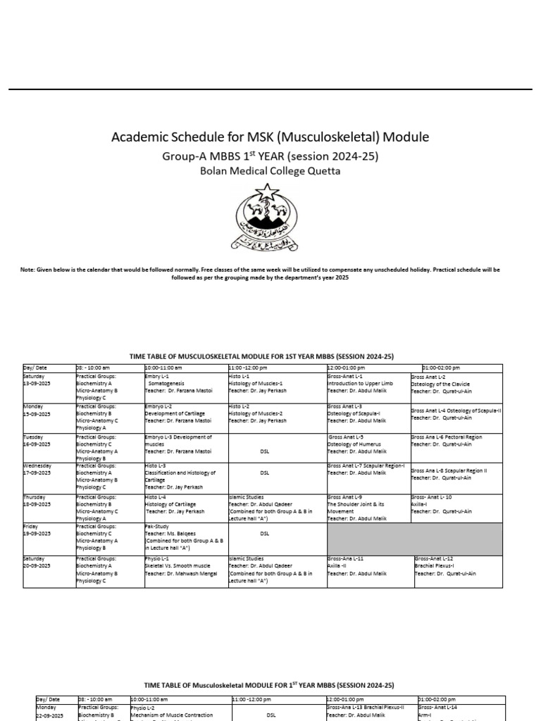 MSK Time Table Group-A | PDF | Human Musculoskeletal System | Muscle