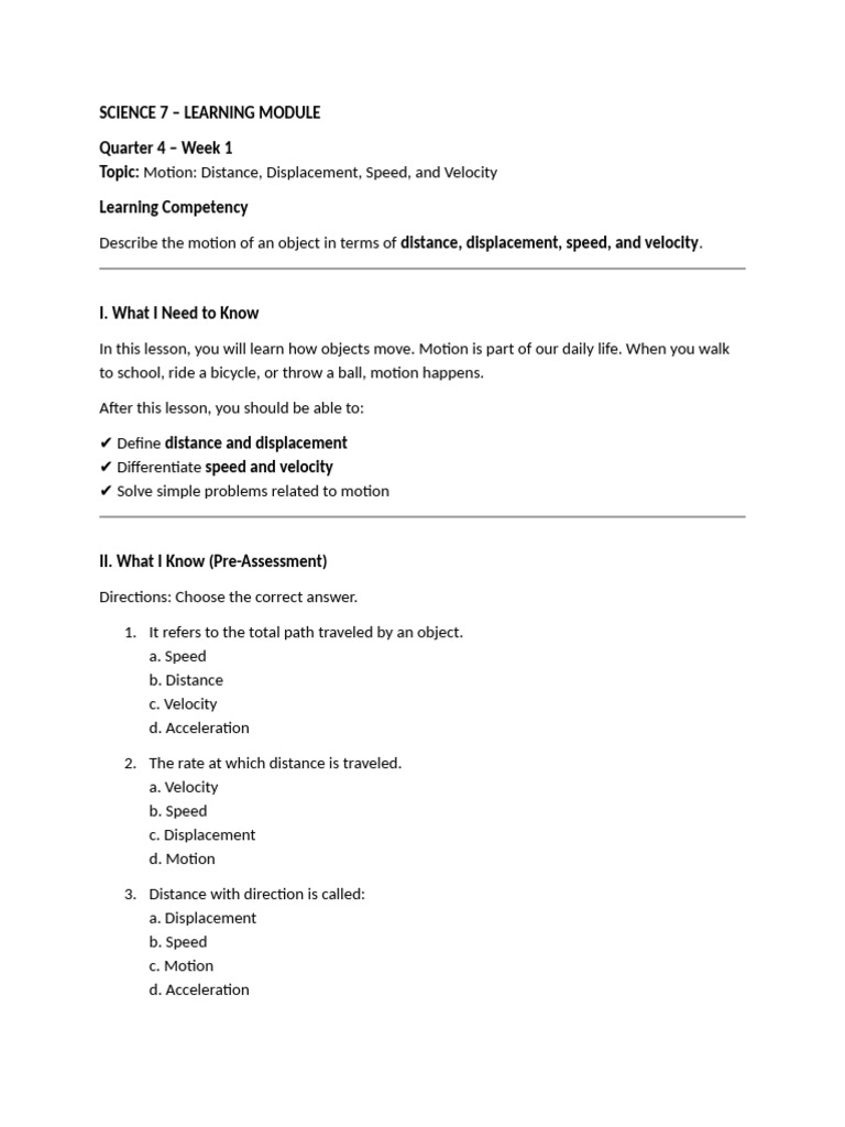SCIENCE 7 q4 wk1 | PDF | Speed | Velocity