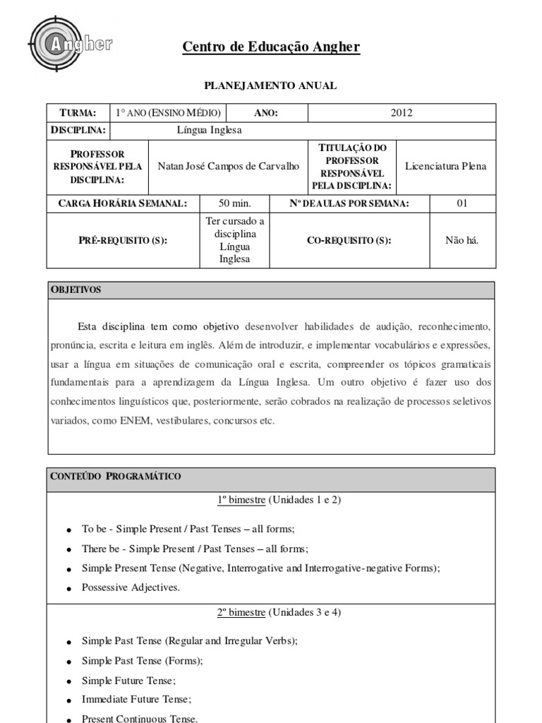Planejamento Anual de Inglês - 1º Ano | PDF | Discurso | Língua inglesa