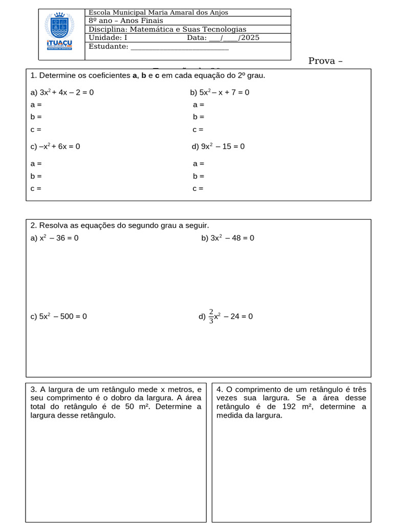 Prova Equação Do Segundo Grau | PDF