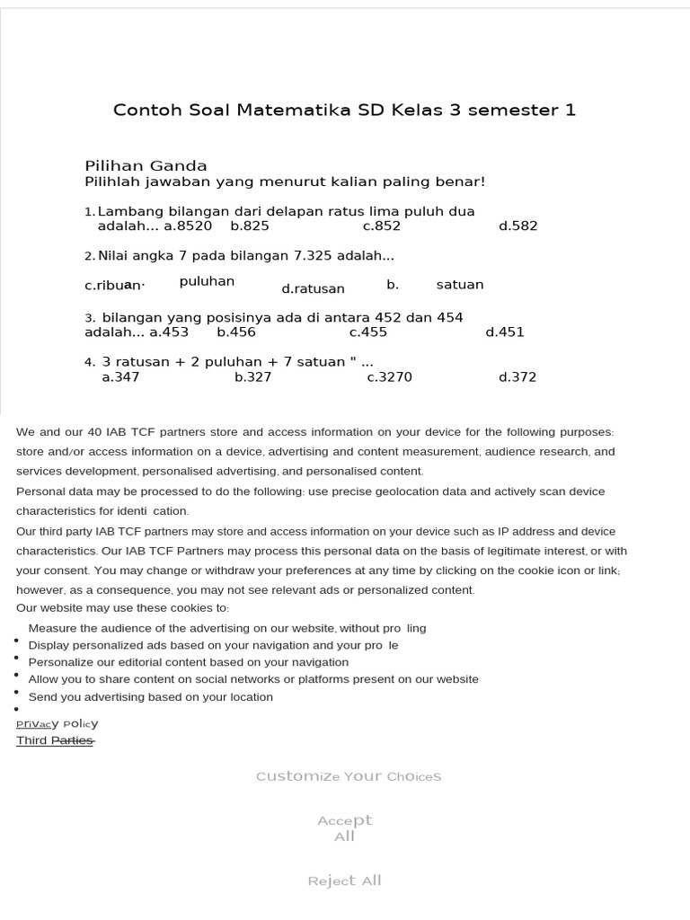 PDF Contoh Soal Matematika SD Kelas 3 Semester 1 | PDF | Http Cookie ...