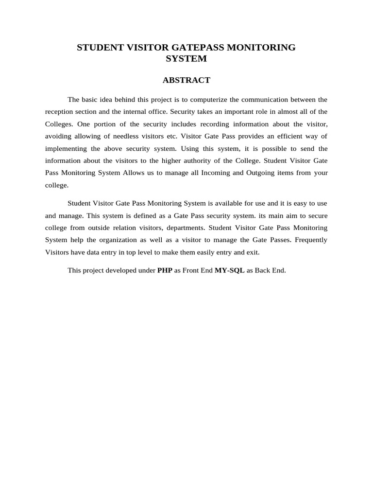 Full Doc - Student Visitor Gatepass Monitoring System | PDF | My Sql | Php